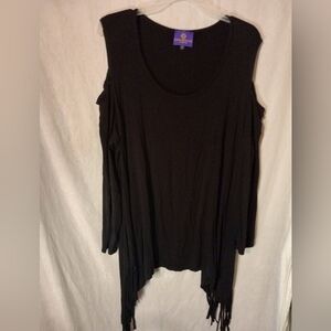 (O) Curations Woman's Cold Shoulder Hanky Hem Fringe Blouse 2X Black